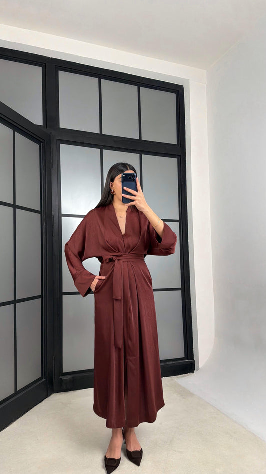 Premium Satin Dress with Slit and Belt