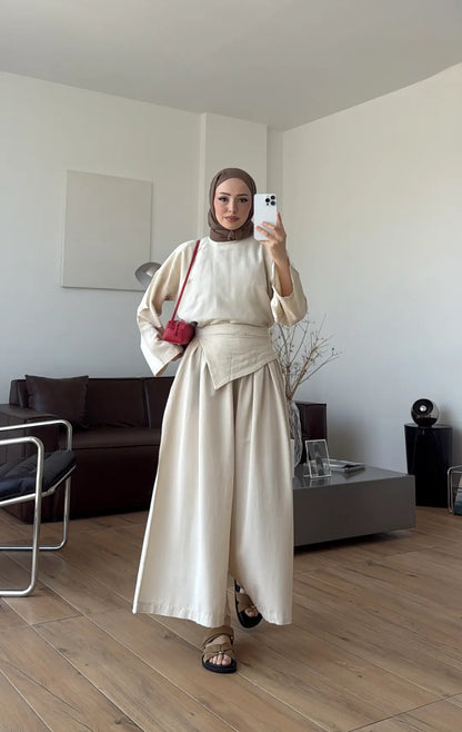 Wide sleeve blouse, Wide-leg trouser with Asymmetric attached Linen Suit