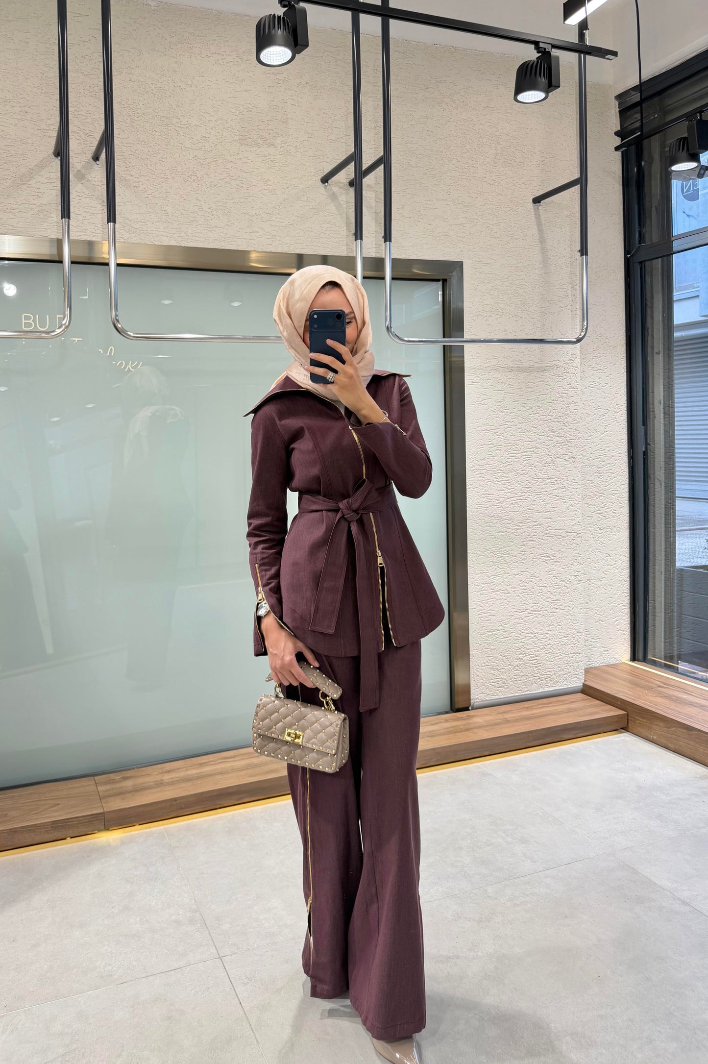 Full-zip denim shirt with side-zip straight-leg trousers co-ord set -burgundy