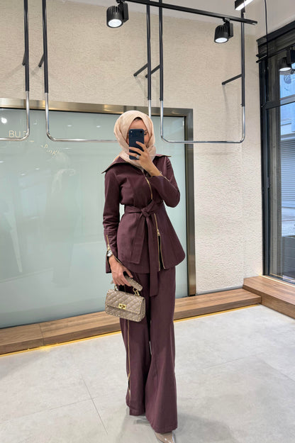 Full-zip denim shirt with side-zip straight-leg trousers co-ord set -burgundy