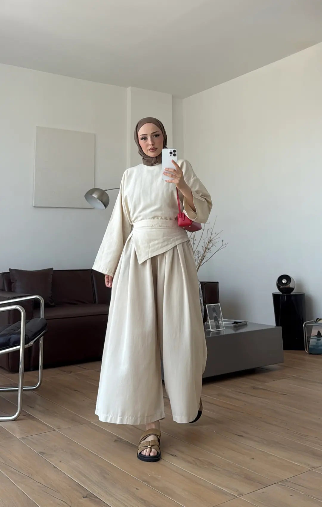 Wide sleeve blouse, Wide-leg trouser with Asymmetric attached Linen Suit
