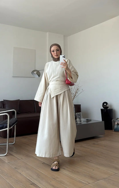 Wide sleeve blouse, Wide-leg trouser with Asymmetric attached Linen Suit
