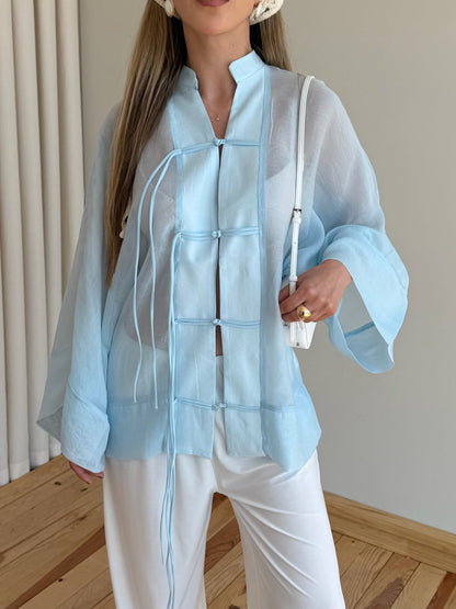 Chinese Buttoned Transparent Shirt - blue