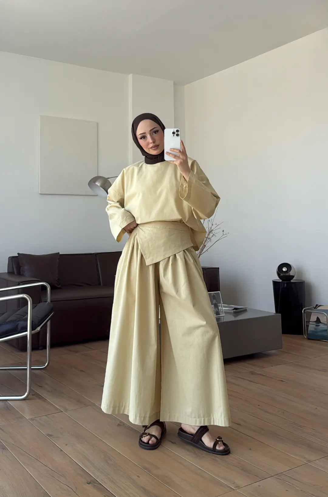 Wide sleeve blouse, Wide-leg trouser with Asymmetric attached Linen Suit