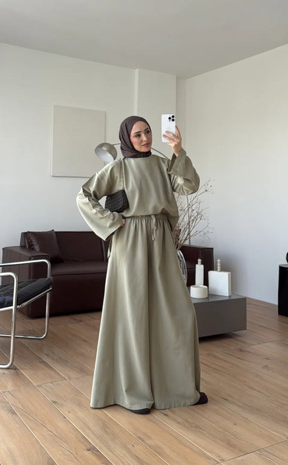 Linen Wide-Leg Blouse Set in Light Green