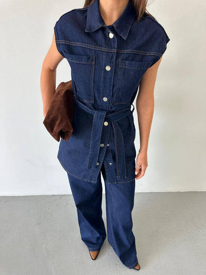 Belted Vest,Waistband trouser jeans co-ord set