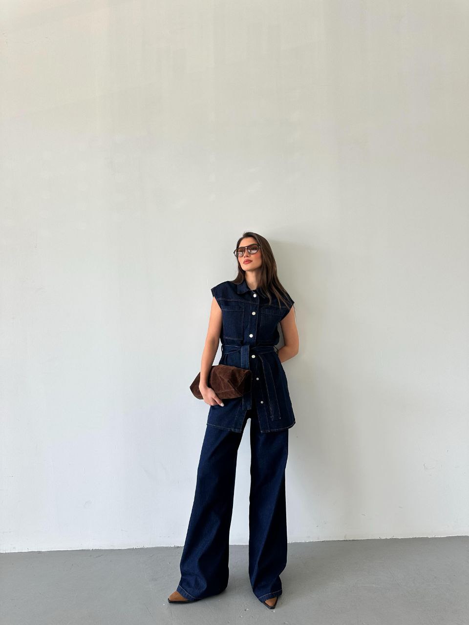 Belted Vest,Waistband trouser jeans co-ord set