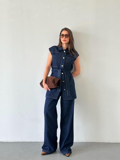 Belted Vest,Waistband trouser jeans co-ord set