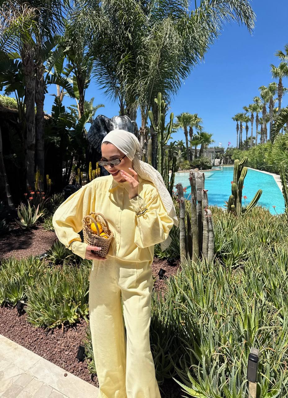 Oversized puff shoulder shirt and wide pants