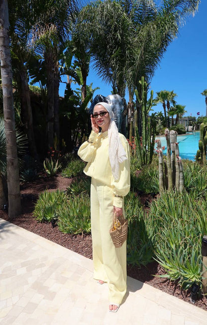 Oversized puff shoulder shirt and wide pants