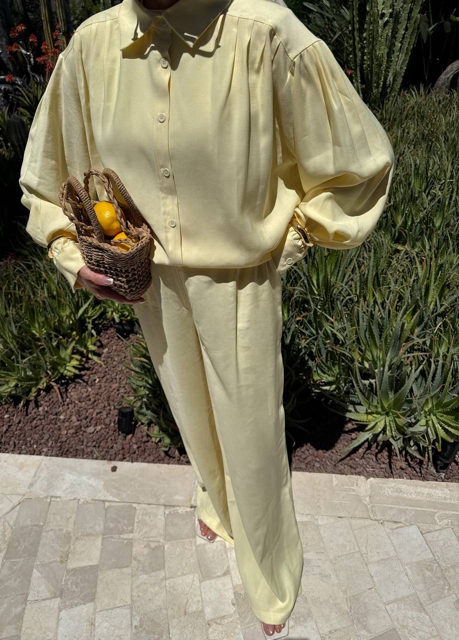 Oversized puff shoulder shirt and wide pants