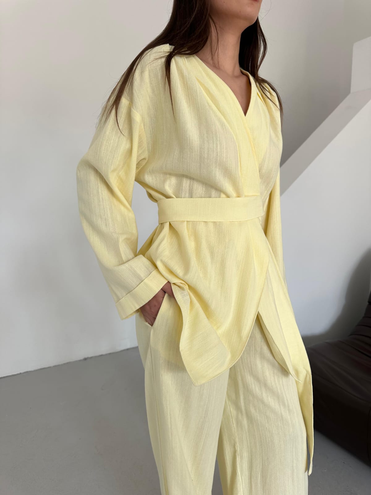 Linen belted wrap jacket co-ord set