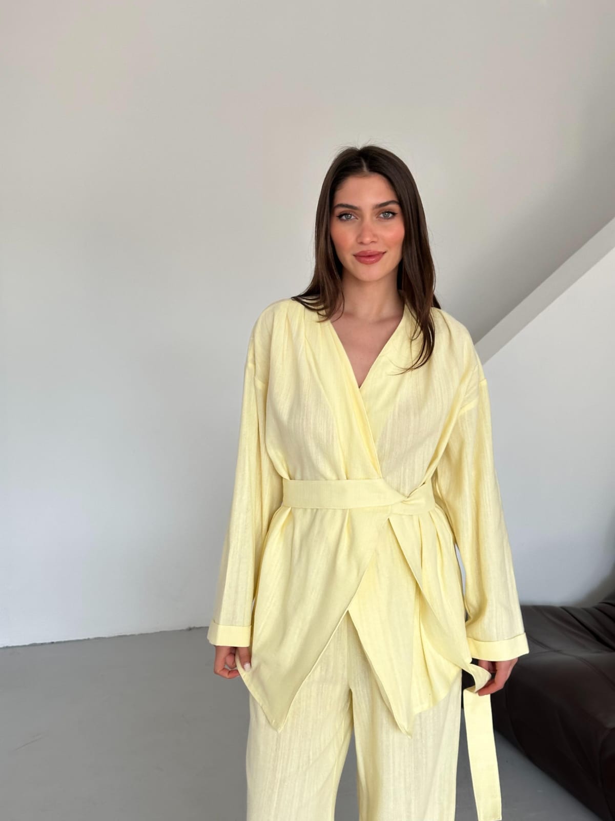 Linen belted wrap jacket co-ord set