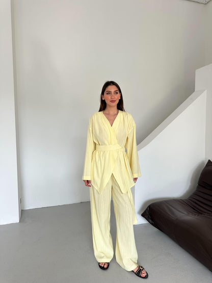Linen belted wrap jacket co-ord set