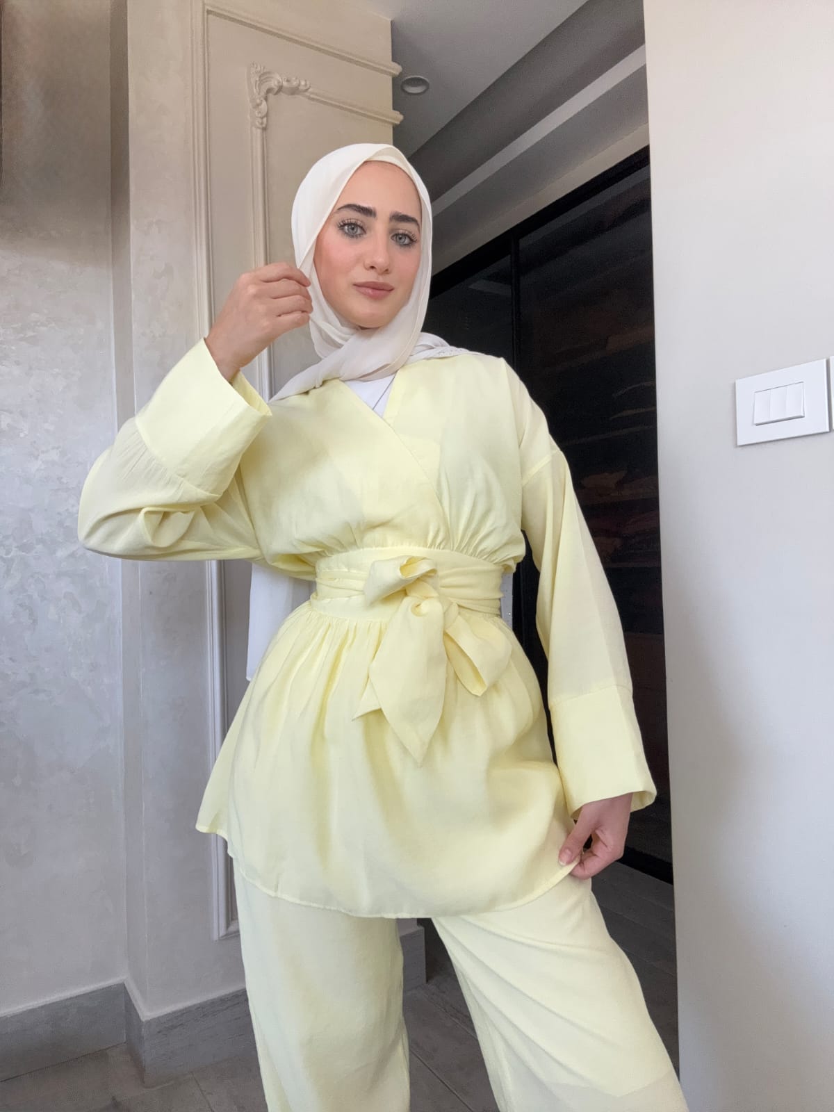 Blouse with tie belt, straight trouser co-ord set