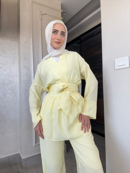 Blouse with tie belt, straight trouser co-ord set