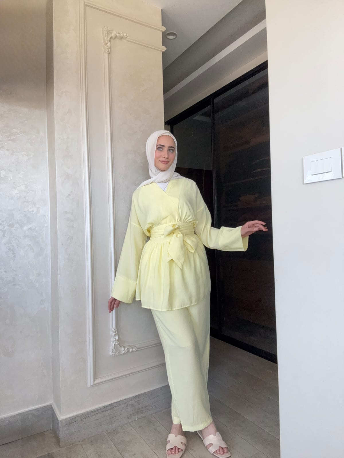 Blouse with tie belt, straight trouser co-ord set
