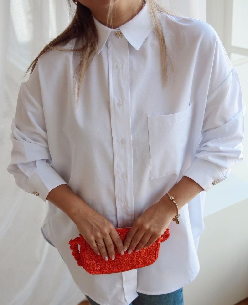 Oversized poplin shirt with strass buttons