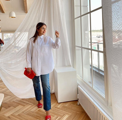 Oversized poplin shirt with strass buttons