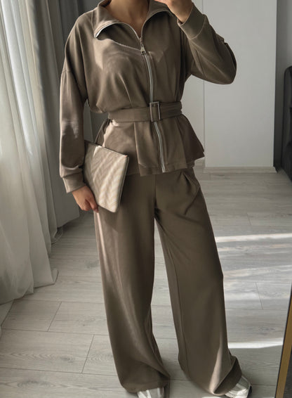 Oysho tracksuit belted jacket, Wide-leg pleated trouser co-ord set