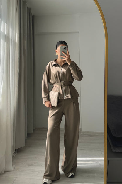 Oysho tracksuit belted jacket, Wide-leg pleated trouser co-ord set