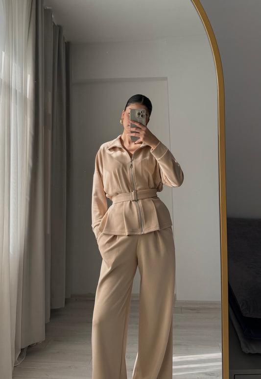 Oysho tracksuit belted jacket, Wide-leg pleated trouser co-ord set