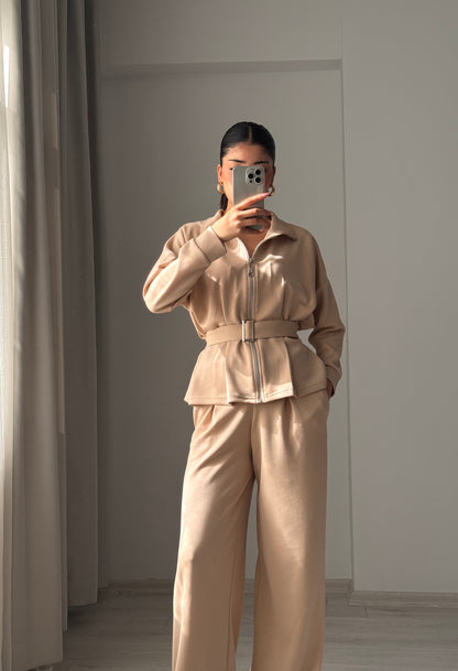 Oysho tracksuit belted jacket, Wide-leg pleated trouser co-ord set