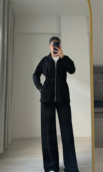 Oysho Long jacket with adjustable waist, high collar and soft-touch modal Straight-leg trousers with crease
