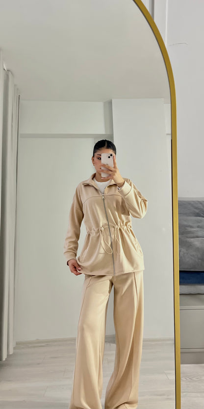 Oysho Long jacket with adjustable waist, high collar and soft-touch modal Straight-leg trousers with crease