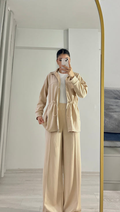 Oysho Long jacket with adjustable waist, high collar and soft-touch modal Straight-leg trousers with crease