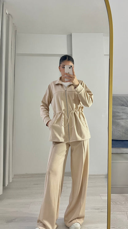 Oysho Long jacket with adjustable waist, high collar and soft-touch modal Straight-leg trousers with crease