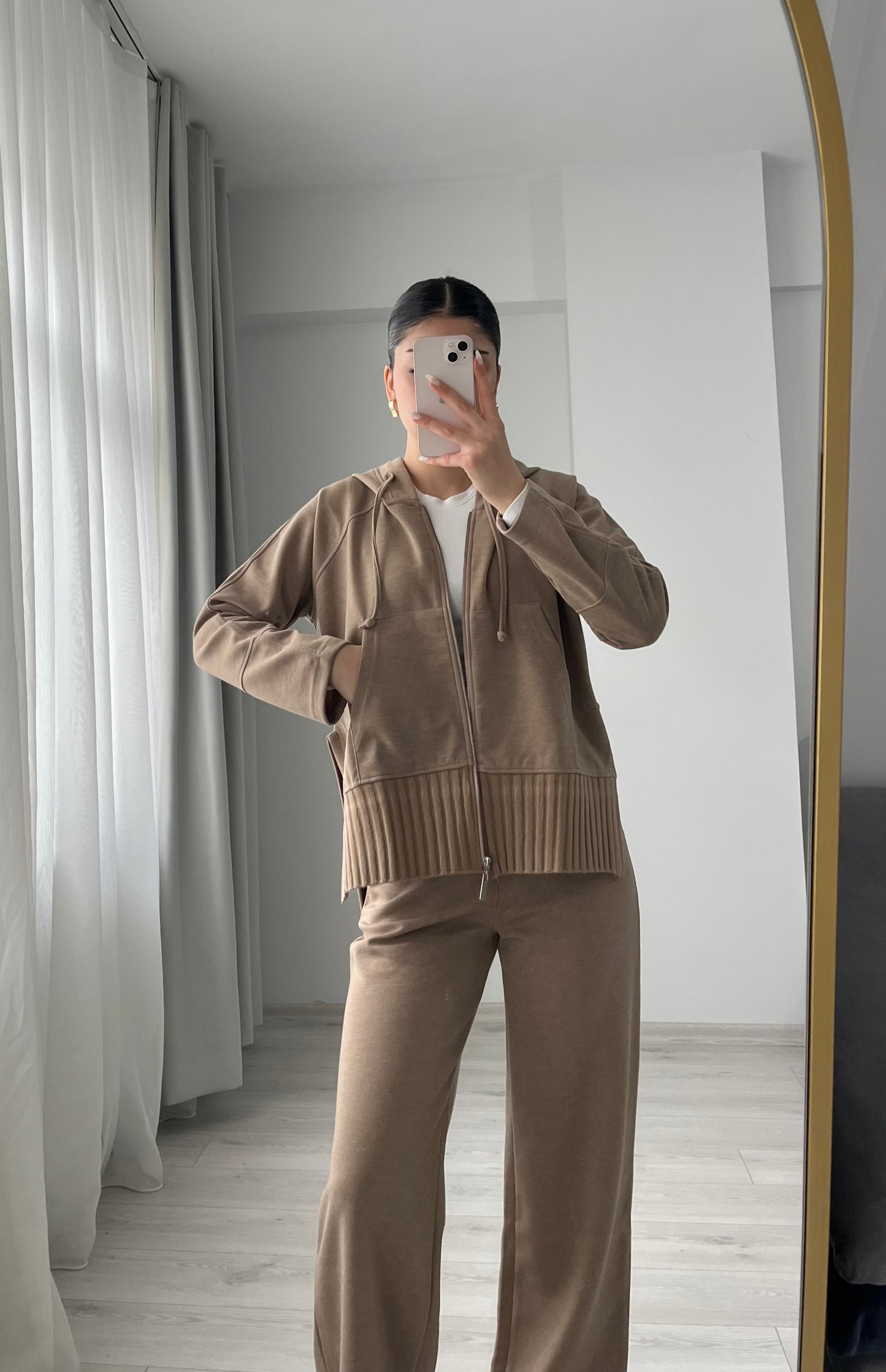 modal fabric hooded zipper jacket with knitted details - Mocha Taupe