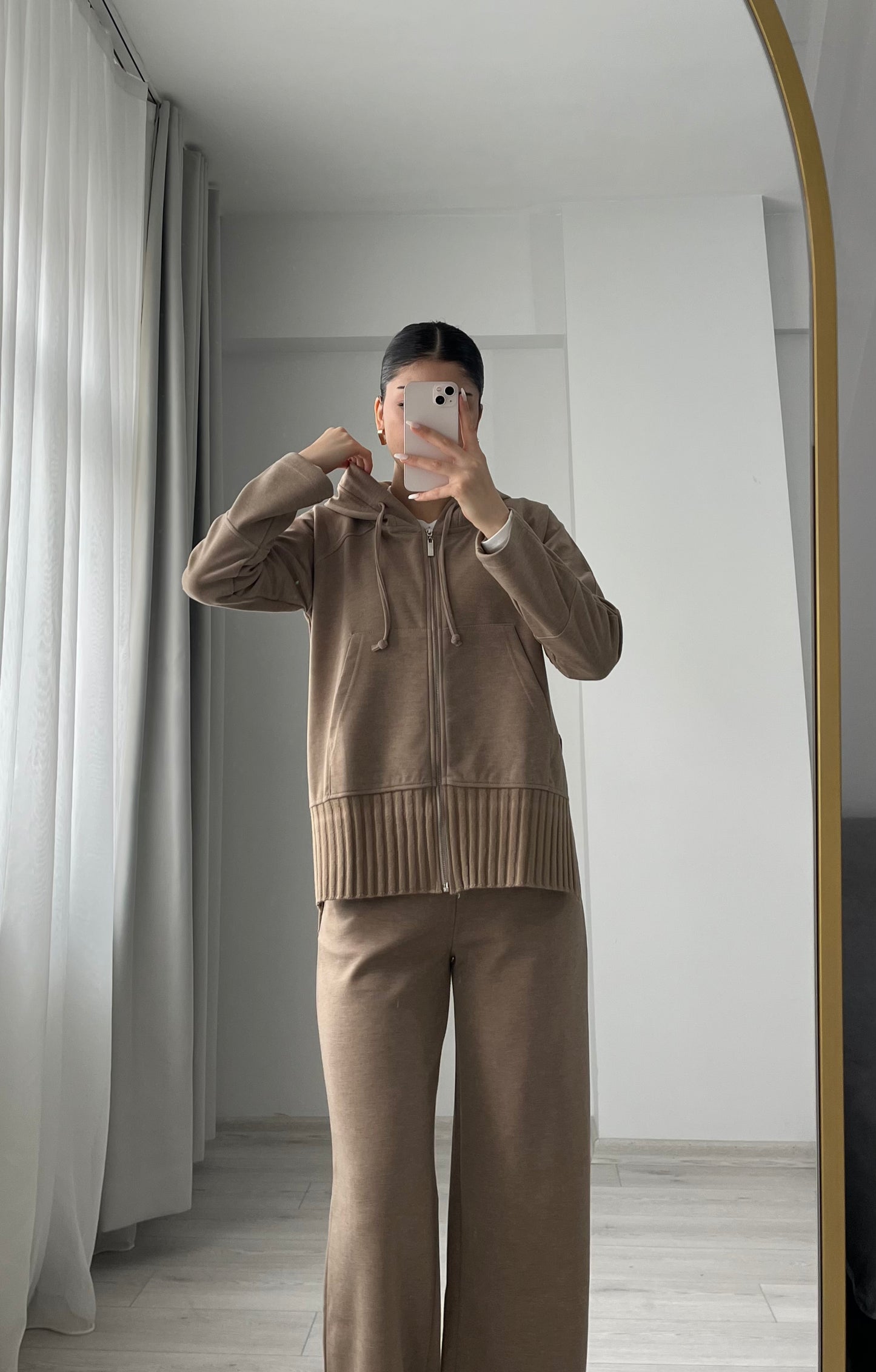modal fabric hooded zipper jacket with knitted details - Mocha Taupe