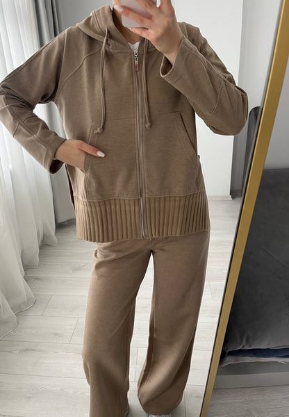 modal fabric hooded zipper jacket with knitted details - Mocha Taupe