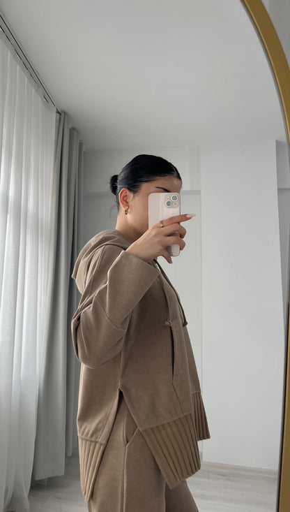 modal fabric hooded zipper jacket with knitted details - Mocha Taupe
