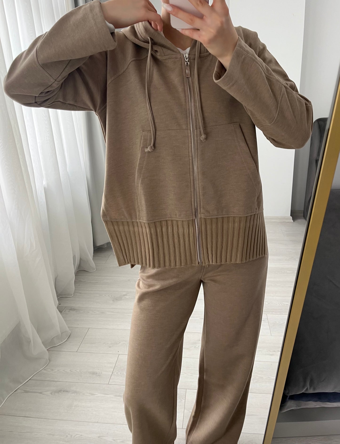 modal fabric hooded zipper jacket with knitted details - Mocha Taupe