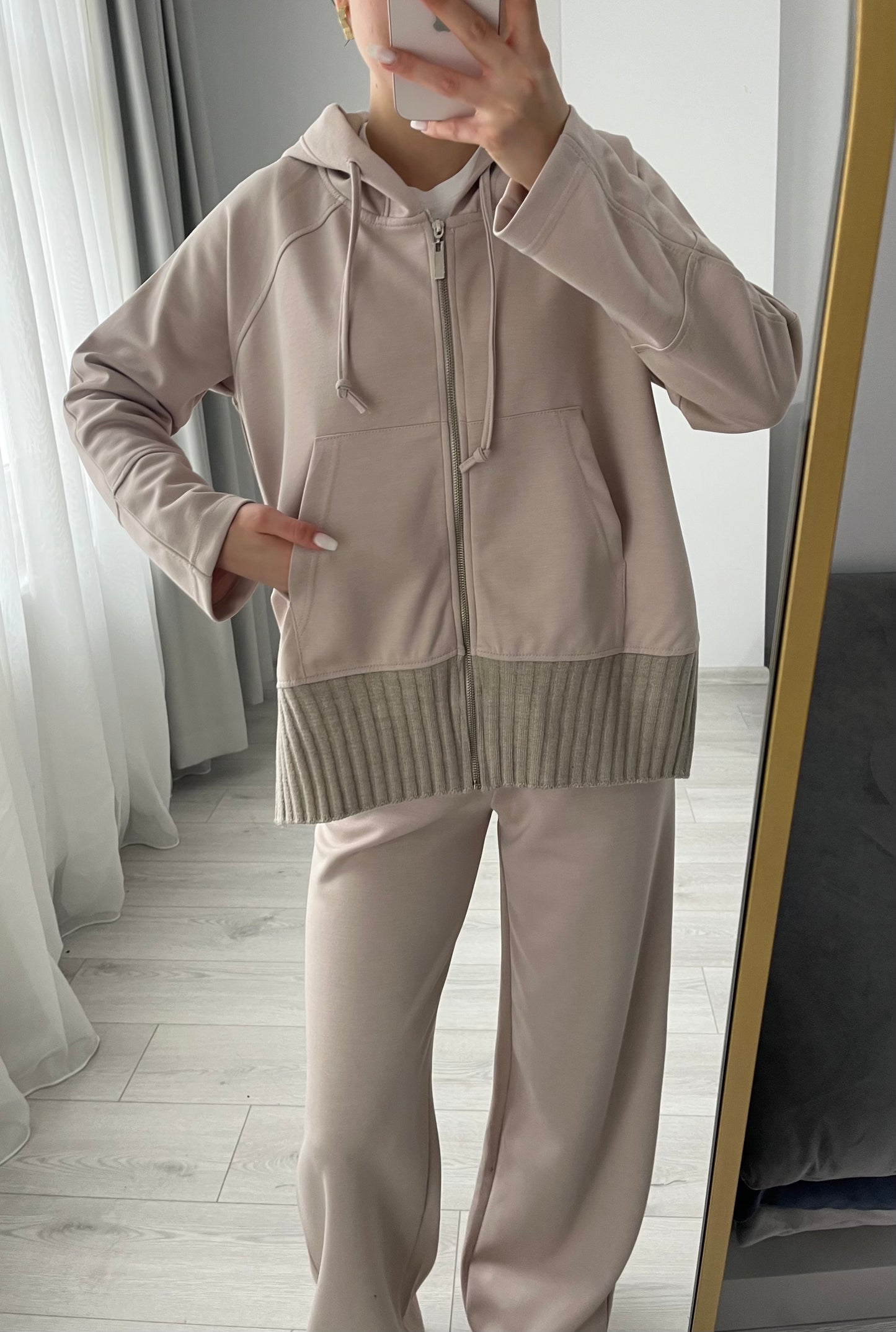 modal fabric hooded zipper jacket with knitted details - beige