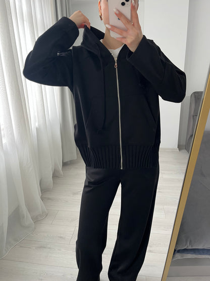 modal fabric hooded zipper jacket with knitted details - black
