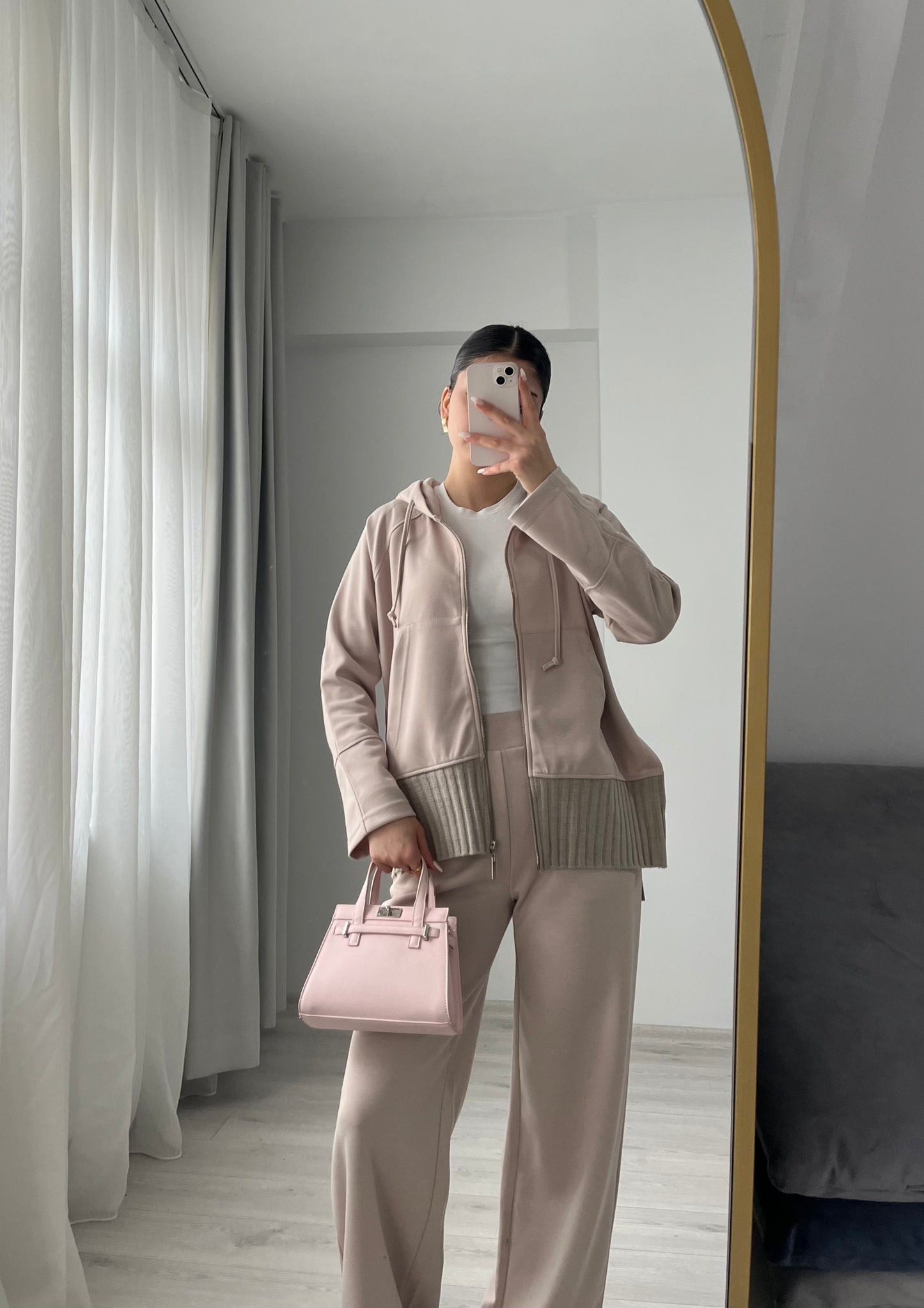 modal fabric hooded zipper jacket with knitted details - beige