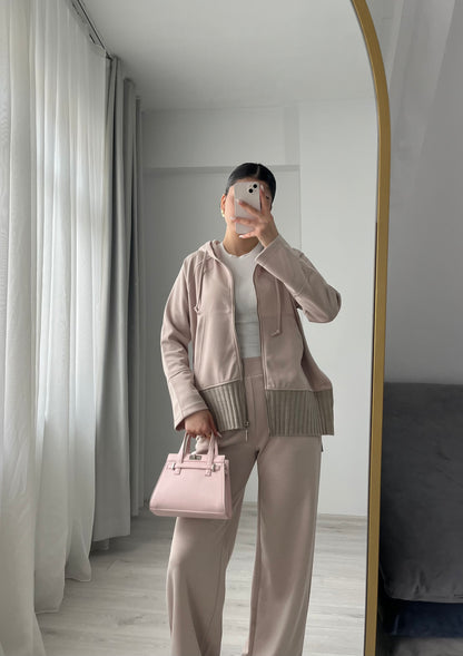 modal fabric hooded zipper jacket with knitted details - beige