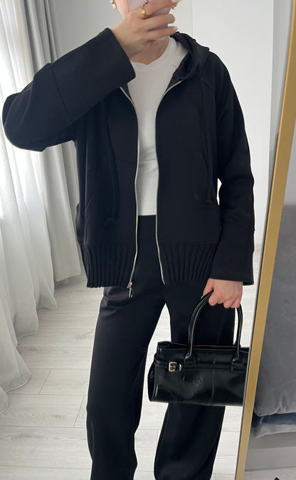 modal fabric hooded zipper jacket with knitted details - black