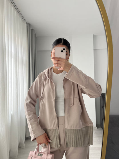 modal fabric hooded zipper jacket with knitted details - beige
