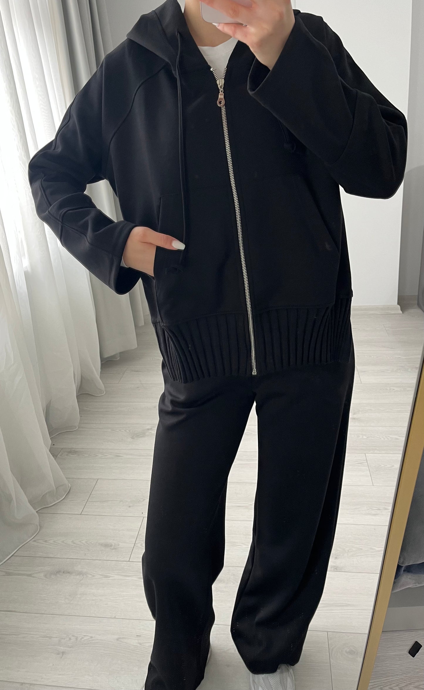 modal fabric hooded zipper jacket with knitted details - black