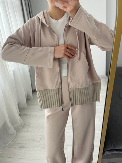 modal fabric hooded zipper jacket with knitted details - beige