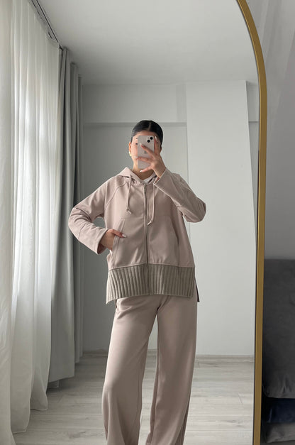 modal fabric hooded zipper jacket with knitted details - beige