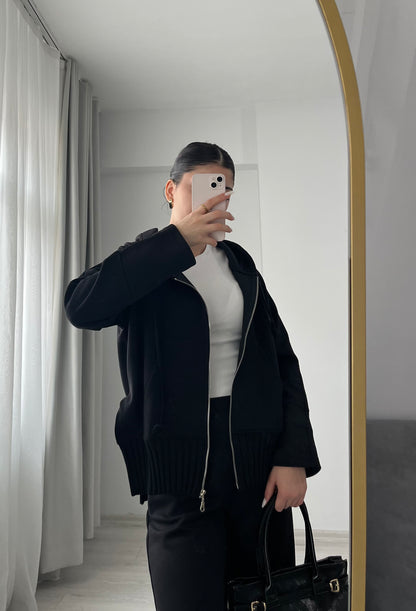 modal fabric hooded zipper jacket with knitted details - black