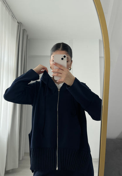 modal fabric hooded zipper jacket with knitted details - navy blue