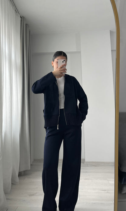 modal fabric hooded zipper jacket with knitted details - navy blue