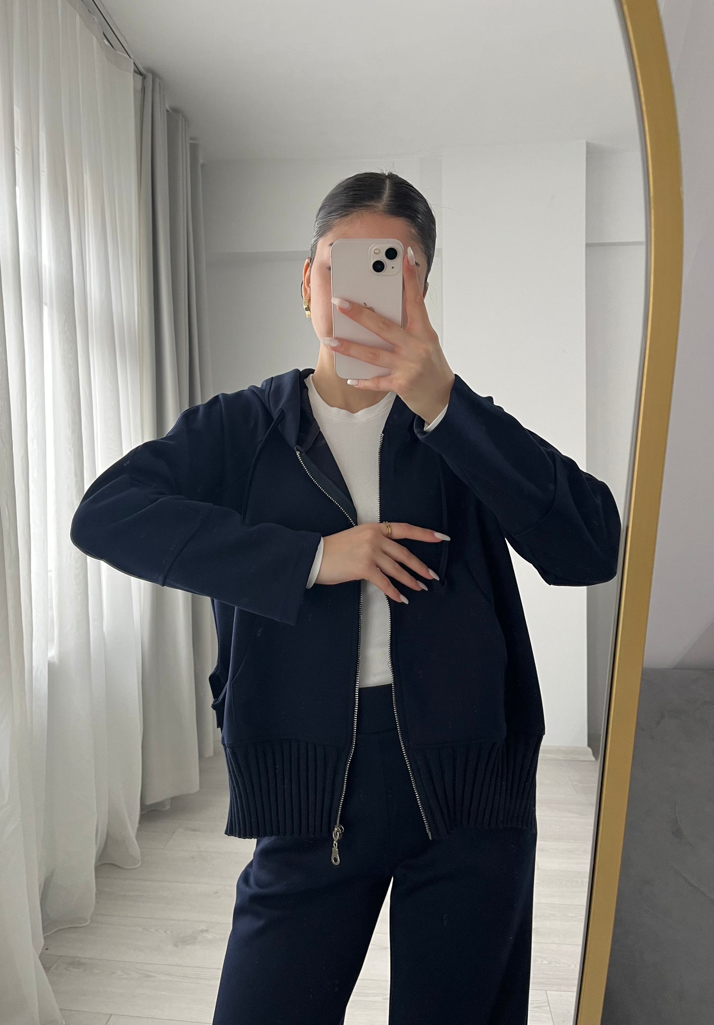 modal fabric hooded zipper jacket with knitted details - navy blue