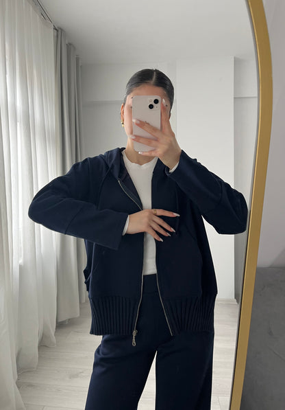 modal fabric hooded zipper jacket with knitted details - navy blue